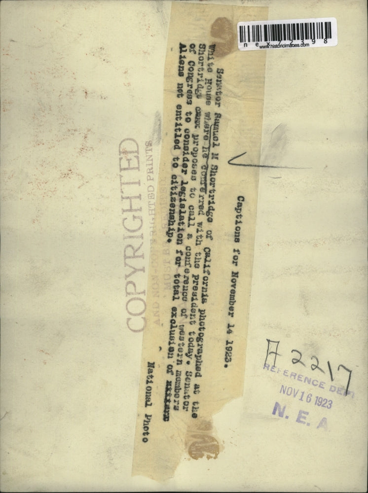 1923 Press Photo Senator Samuel Shortridge of Calif, Congress no citizenship aln