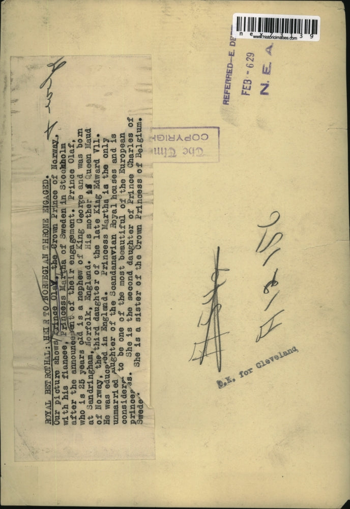 1929 Press Photo Prince Olav of Norway and Princess Martha of Sweden engaged