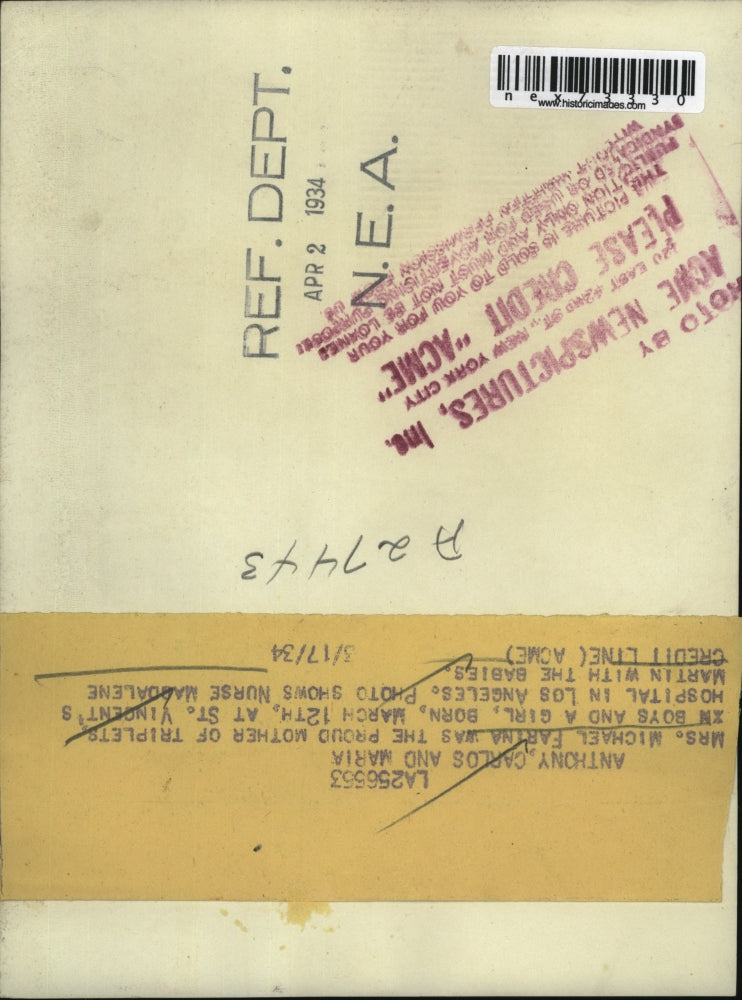 1934 Press Photo Mrs Michael Farina triplets & nurse M Martin in LA Calif