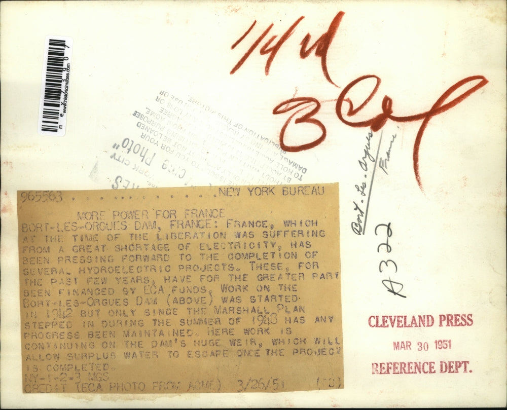 1951 Press Photo Port Les Orgues Dam France construction work - nex73907