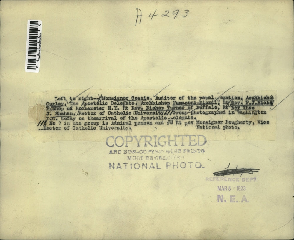 1923 Press Photo Msgr Cessie, Archbishop Curley, Biondi,Rt Rev Hickey