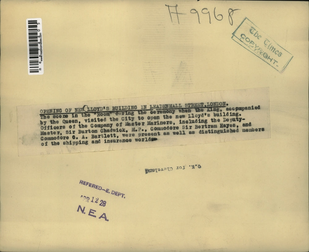 1928 Press Photo Ceremony when the King & Queen visited new Lloyd's Building