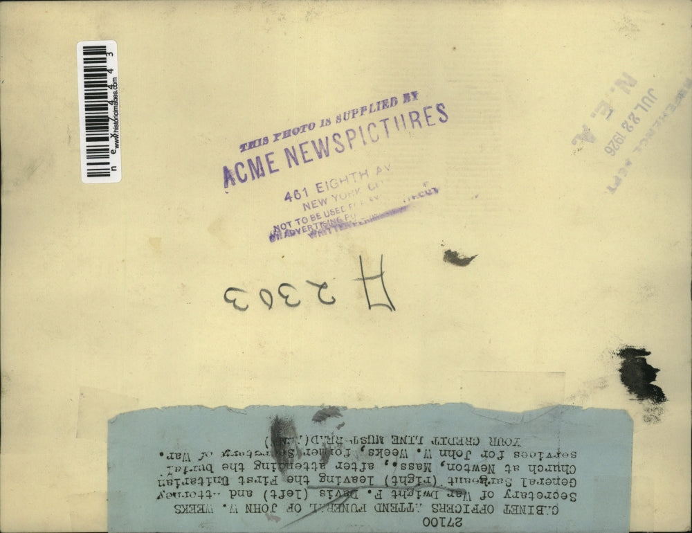 1926 Press Photo Sec.of War Dwight Davis(L) Attorney Gen. Surgeant, Newton Mass