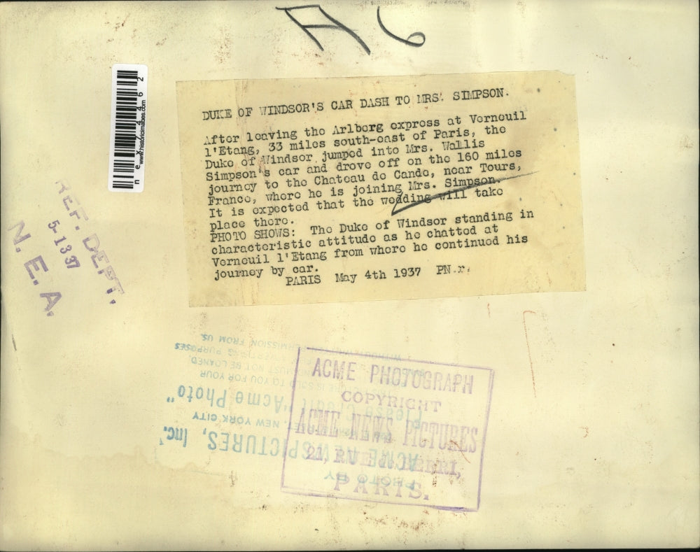 1937 Press Photo Duke of Windsor to Chateau de Cando Tours France