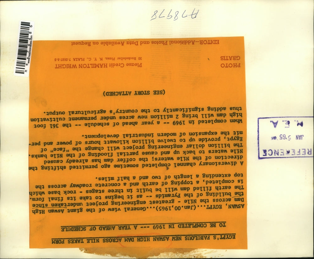 1965 Press Photo Aswan High Dam U.A.R. on Nile River with canal