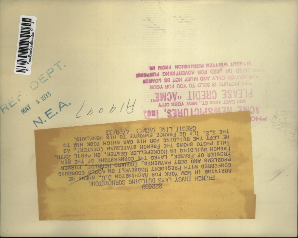 1933 Press Photo Edouard Herriot, former Premier of France in New York