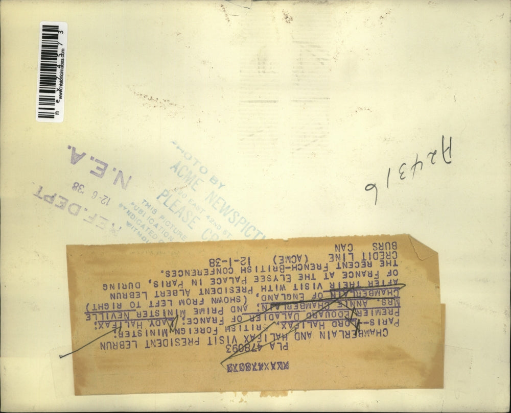 1938 Press Photo Paris France, Lord Halifax & Chamberlain(England) Pres. Lebrun