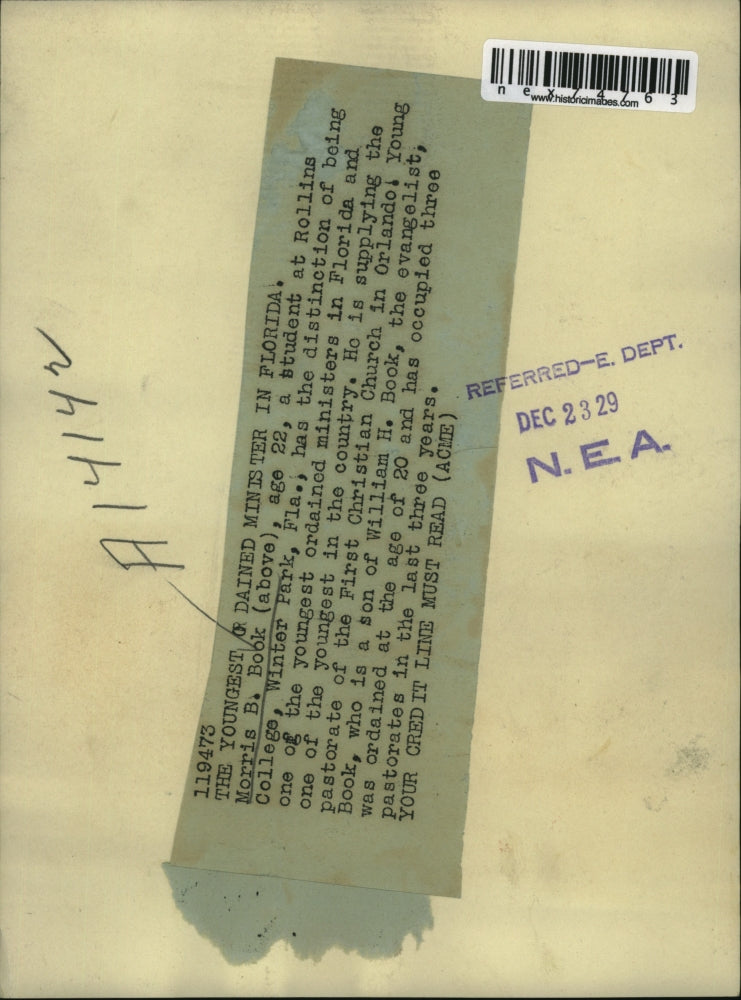 1929 Press Photo Morris B Book student at Rollins College Winter Park Florida