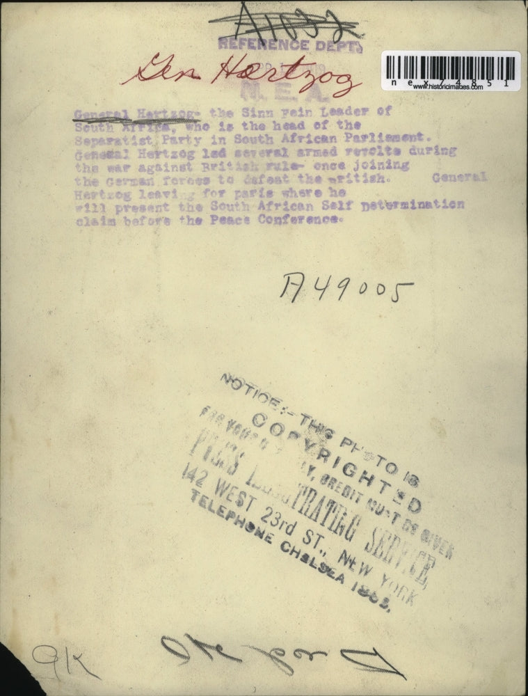 1941 Press Photo General Hertzog, Sinn Fein Leader of South Africa