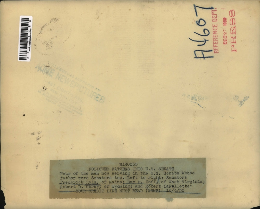 1933 Press Photo Senators F Hale of Me, GD Hoff W Va, RD Carey Wyo, R LaFollette