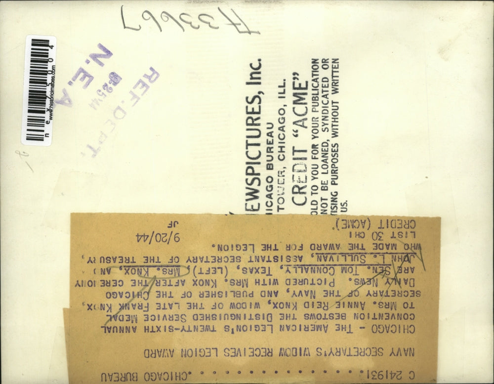 1944 Press Photo Chicago American Legion, Sen Tom Connally, Mrs A Knox,