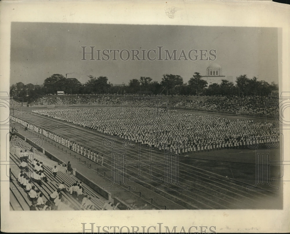 1930 Press Photo Mass gymnastic class in Toyko Japan for schoolgirls
