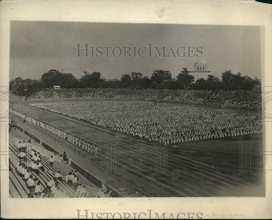 1930 Press Photo Mass gymnastic class in Toyko Japan for schoolgirls