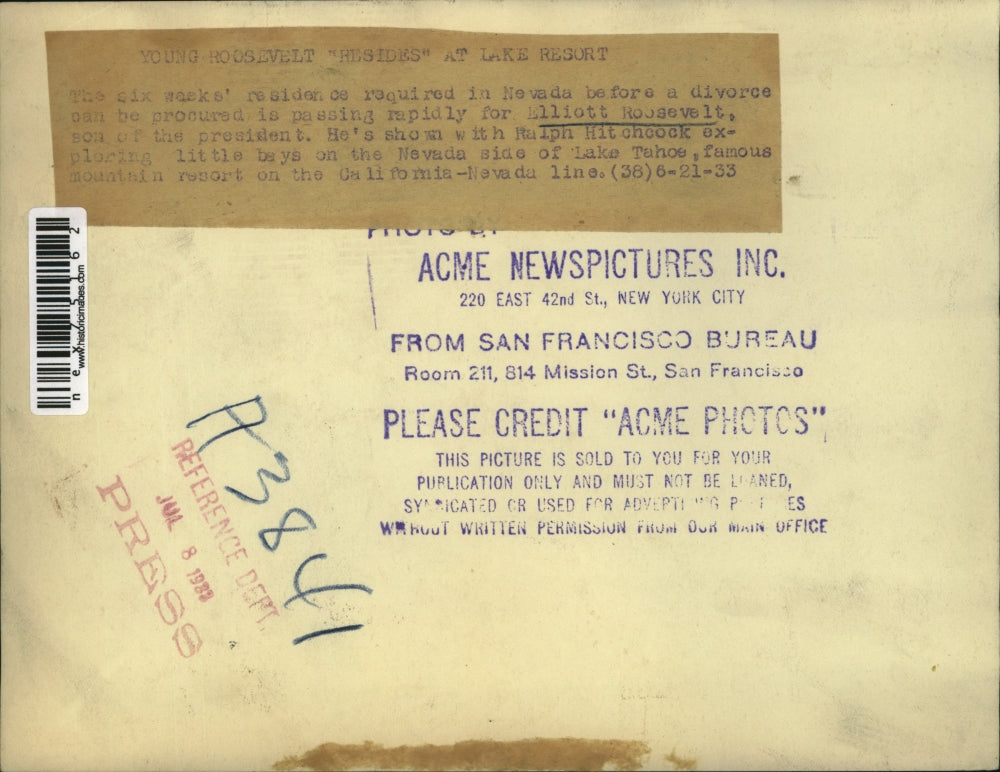 1933 Press Photo Elliot Roosevelt with Ralph Hitchcock On Lake Tahoe