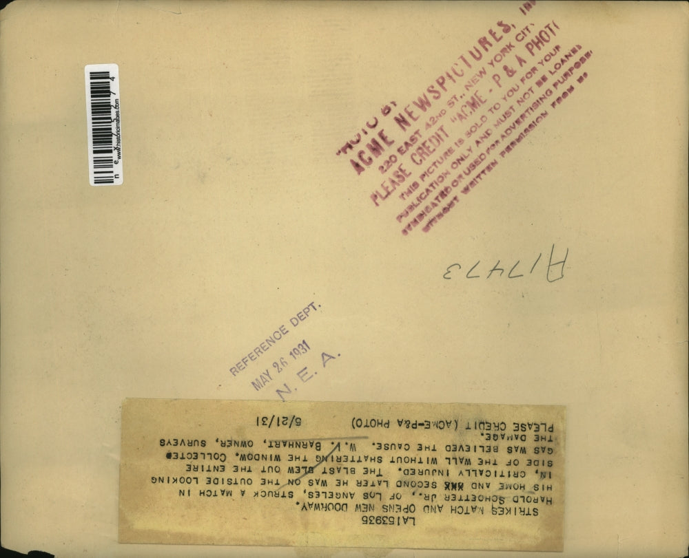 1931 Press Photo WI Barnhart at LA Calif home burned in gas explosion