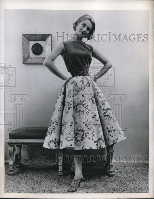 1956 Press Photo Mink-colored velveteen camisole top & floral cotton satin skirt