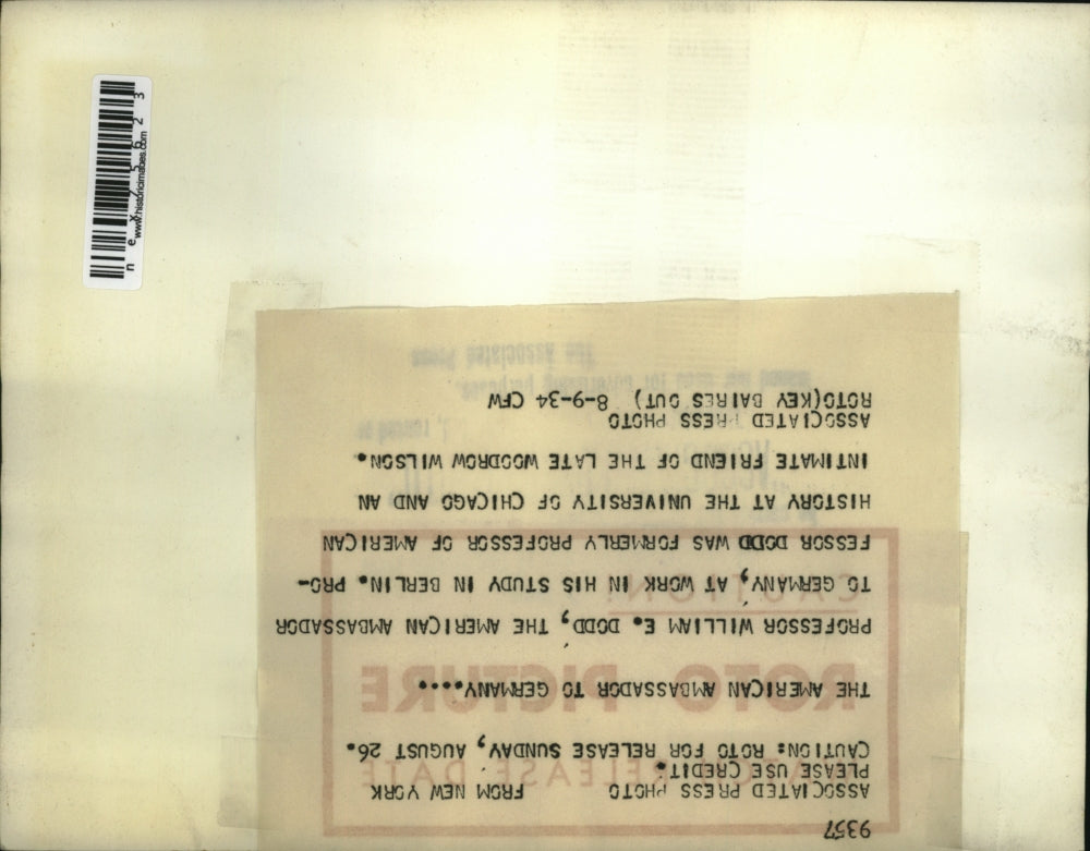 1934 Press Photo Professor Willia E Dodd US Amb to Germany