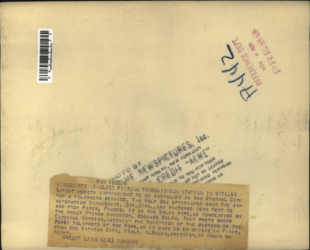 1931 Press Photo Wireless picture transmission at the Vatican, Holy See