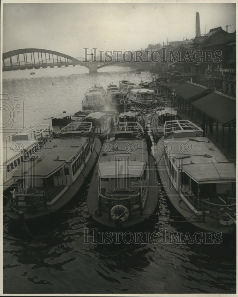 1937 Press Photo Sumida River Ferries At Dock During Strike in Tokyo Japan