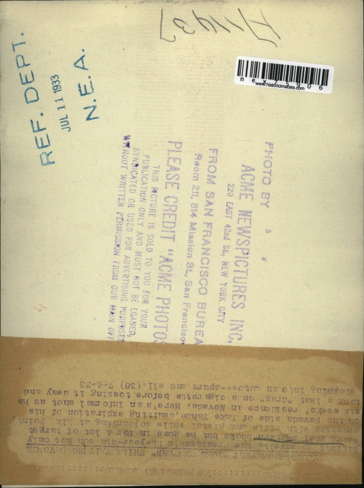 1933 Press Photo Elliott Roosevelt President's Son on Lake Tahoe Side of Nevada