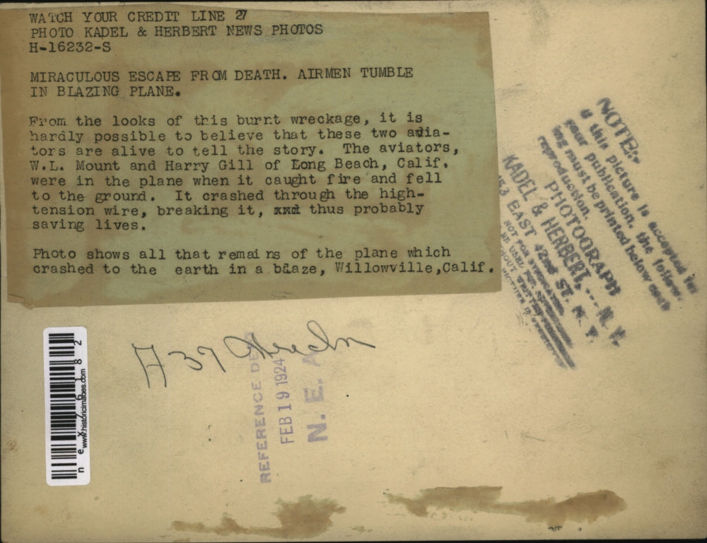 1924 Press Photo Remains of plane crashed & burned at Willoville Calif