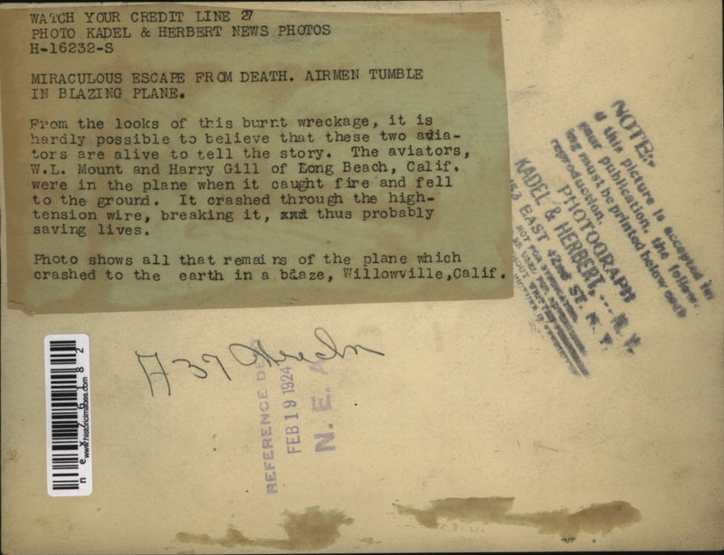 Load image into Gallery viewer, 1924 Press Photo Remains of plane crashed &amp; burned at Willoville Calif
