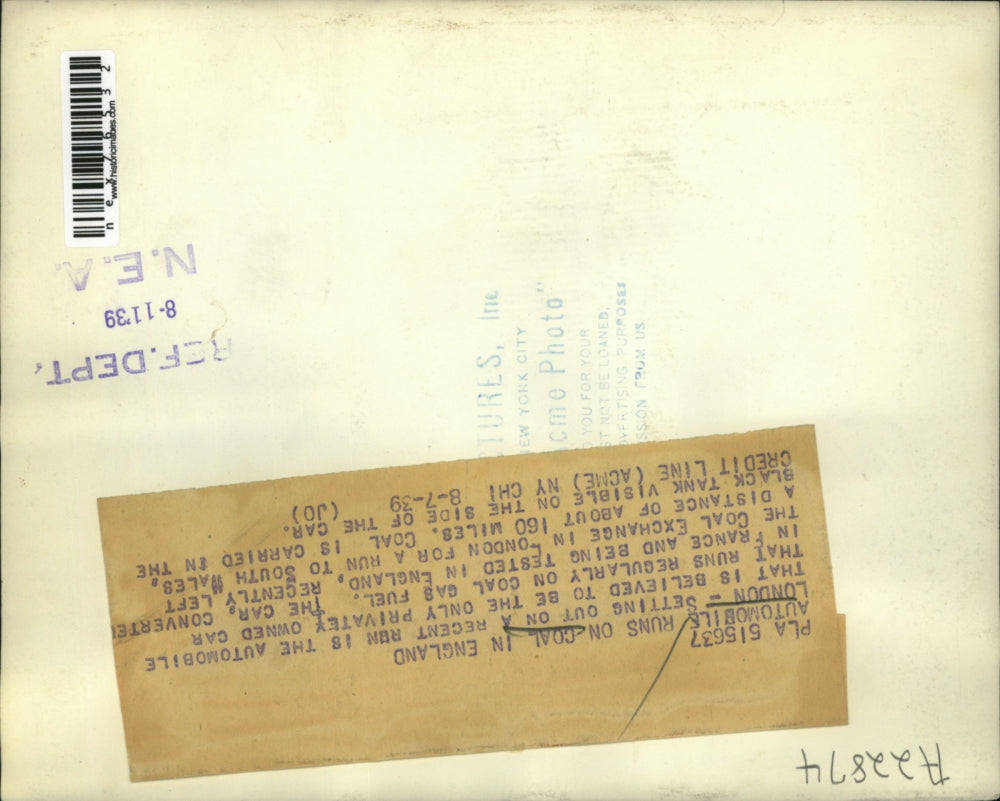 1939 Press Photo London auto that runs on coal tested in England