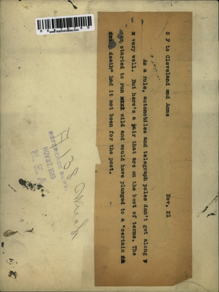 1925 Press Photo Auto Runs Off Bridge Lodged on Telegraph Pole