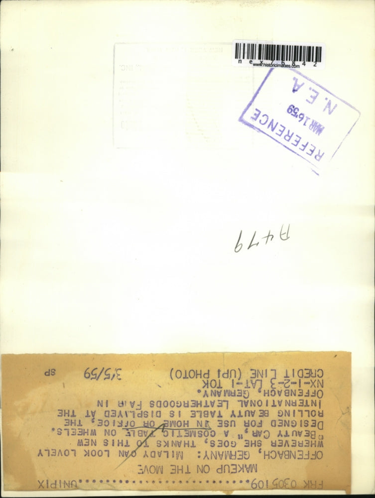 1959 Press Photo Offenbach Germany cosmetic table on wheels demoed - nex76842