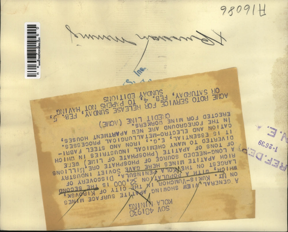 1939 Press Photo Mount Kukis Vumchor in City of Kirovsk Population 32,000