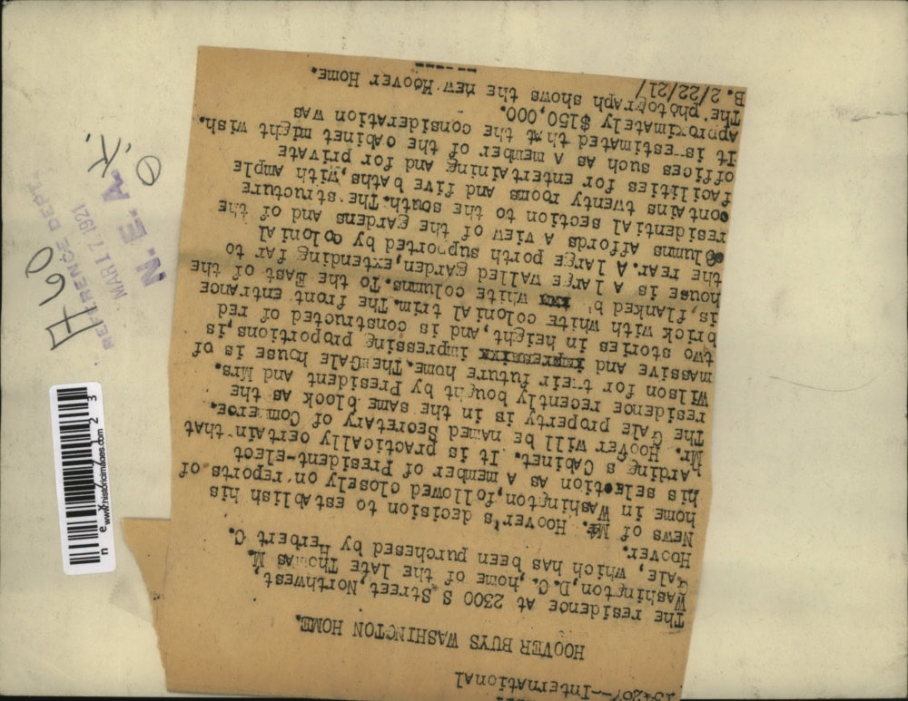 1921 Press Photo Thomas M Gale Home in Washington DC Bought by Herbert Hoover