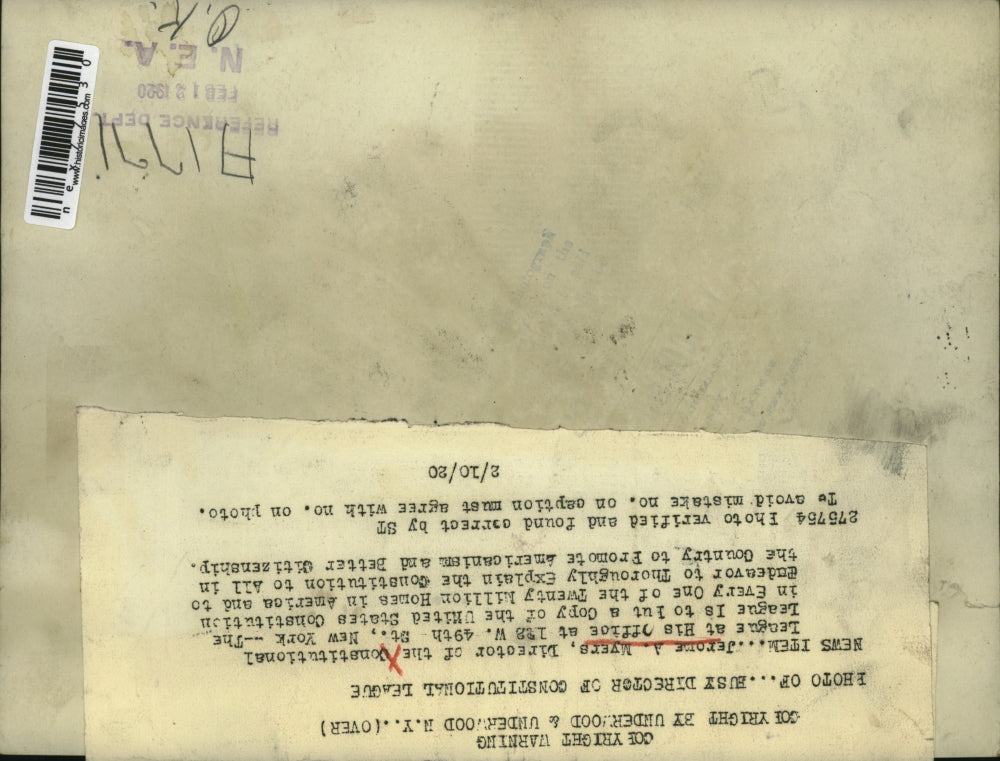 1920 Press Photo Jerome A Myers director Constitutional League in NY