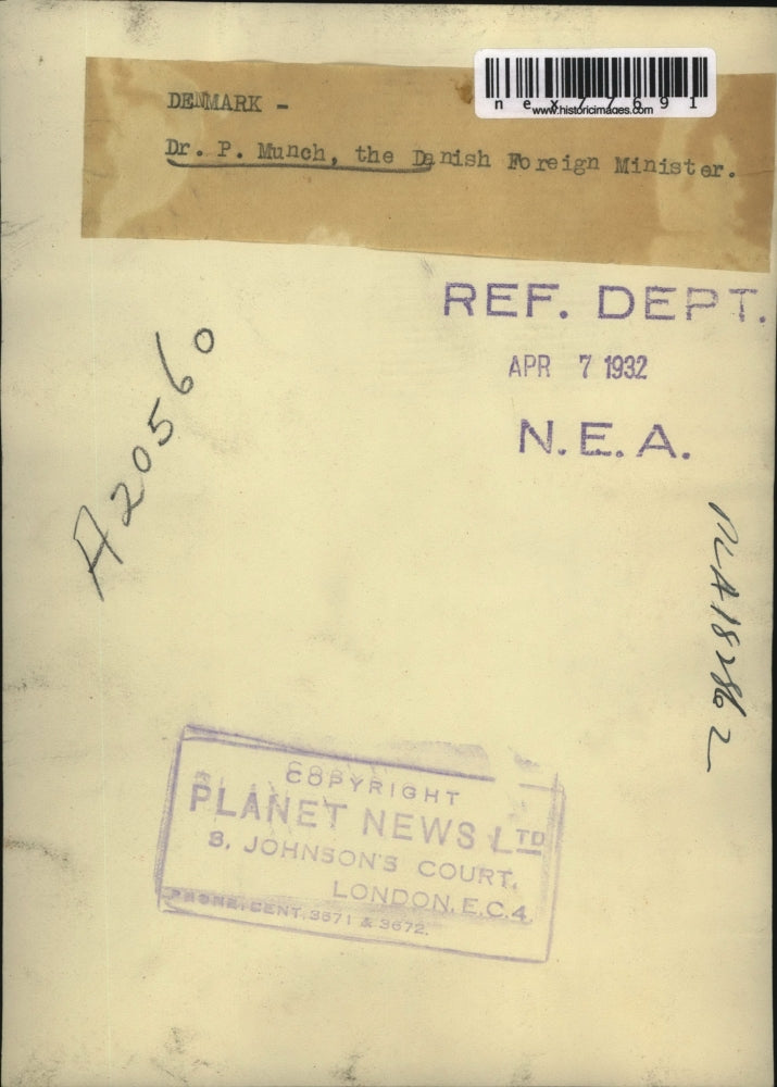 1932 Press Photo Dr P Munch Danish Foreign Minister