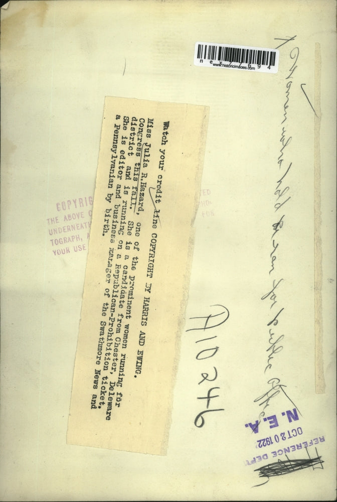 1922 Press Photo Julia Hazard running for Deleware congressional seat