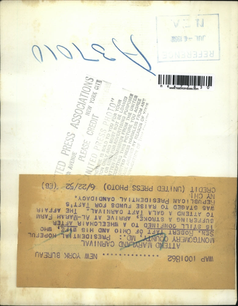 1952 Press Photo Presidential Hopeful Senator Robert Taft & Mrs Taft in Maryland