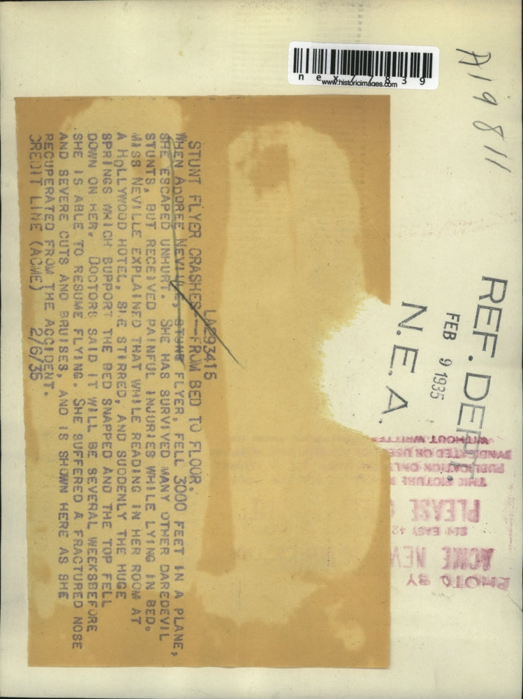 1936 Press Photo Stunt flyer Adoree Nevile breaks nose in fall from hotel bed