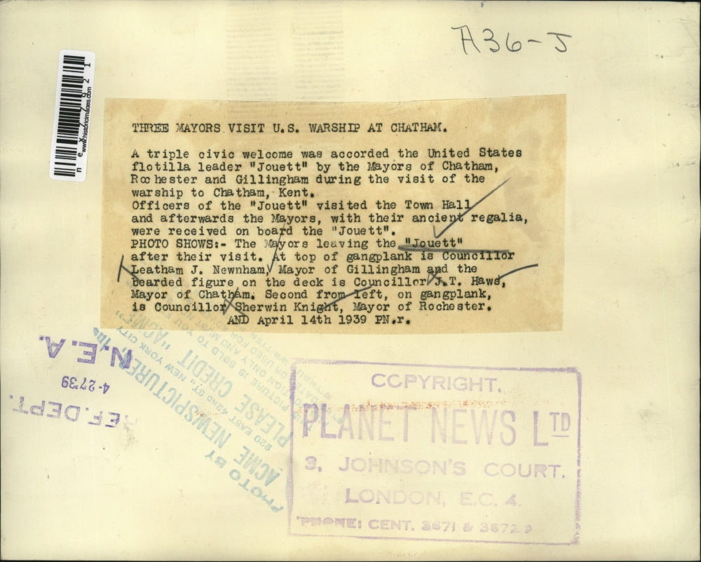 1939 Press Photo Mayors Newnham, Gillingham, Haws & S Knight visit a ship