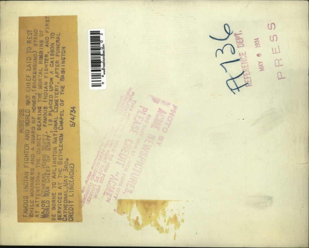 1934 Press Photo Mourners of Famous Indian Fighter & World War Chief Hugh Scott