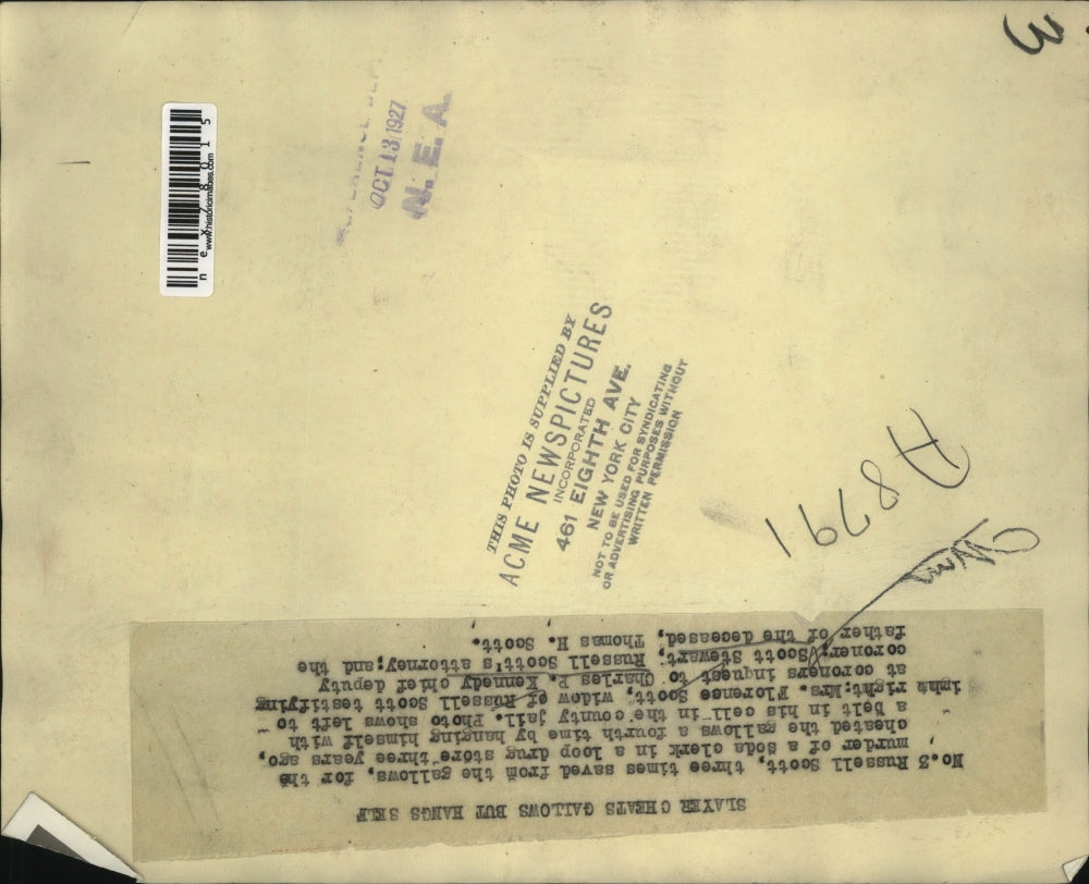 1927 Press Photo Russell Scott Saved from Death Charles Kennedy, Scott Stewart