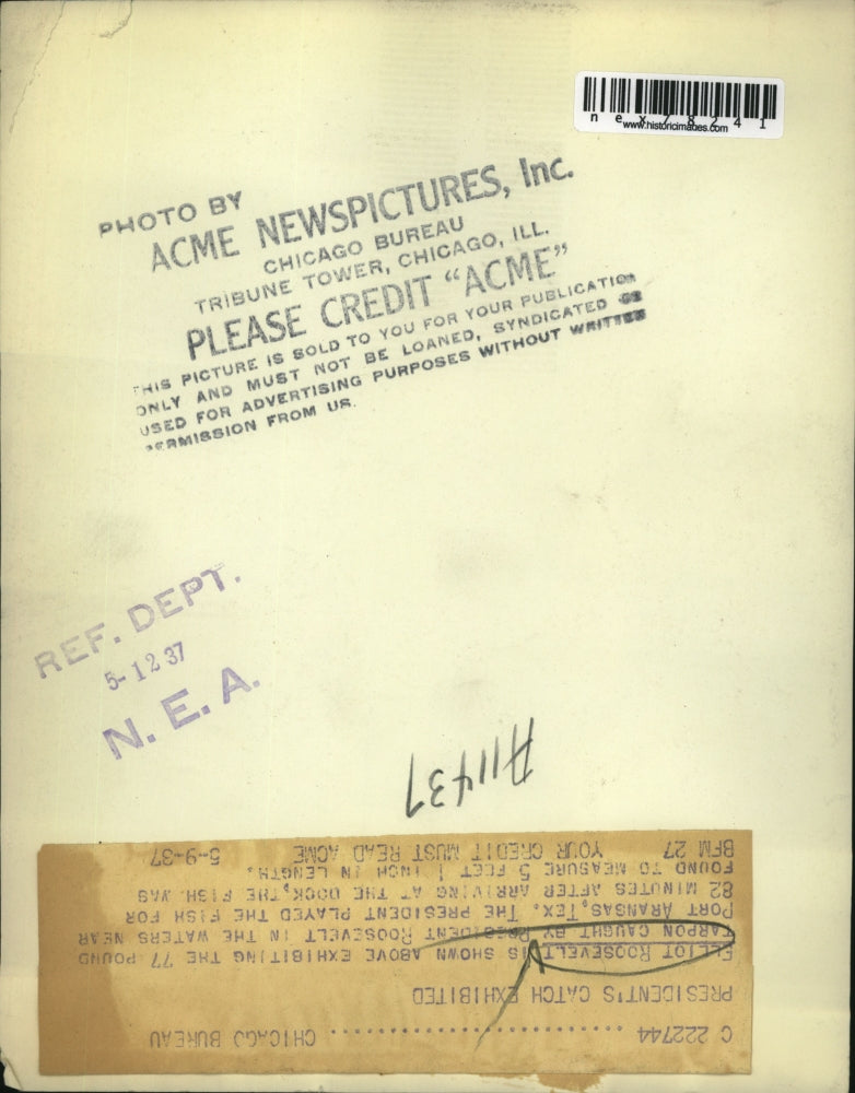 1937 Press Photo Ellioy Roosevelt & Tarpon caught by Pres Roosevelt