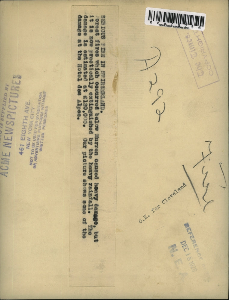 1926 Press Photo Forest fires destroy Murren Switzerland