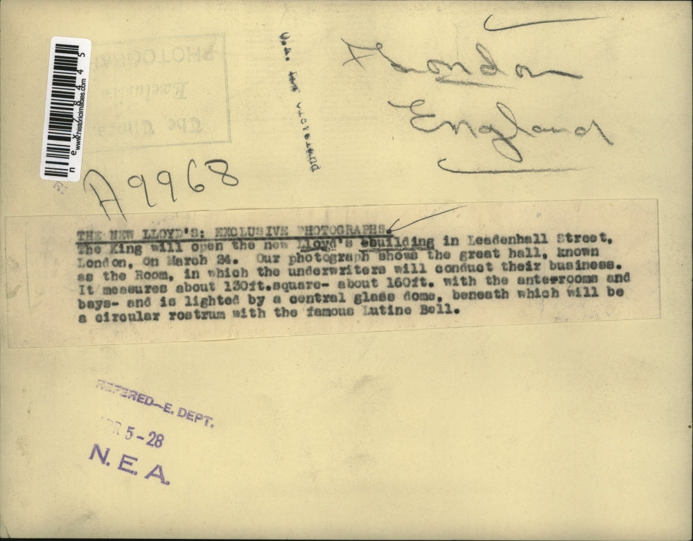 1928 Press Photo King to open new Lloyds Building in Leadenhall Street London