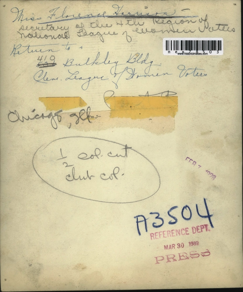 1932 Press Photo Miss Florence Harrison Secretary of 4th Region League Women Vot