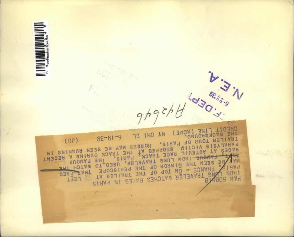 1939 Press Photo Paris Fred Snite Jr in iron lung on tour in France - nex78646