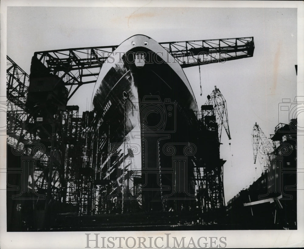 1956 Press Photo Launch of motorship Fritz Thyssen in Hampton Roads Va