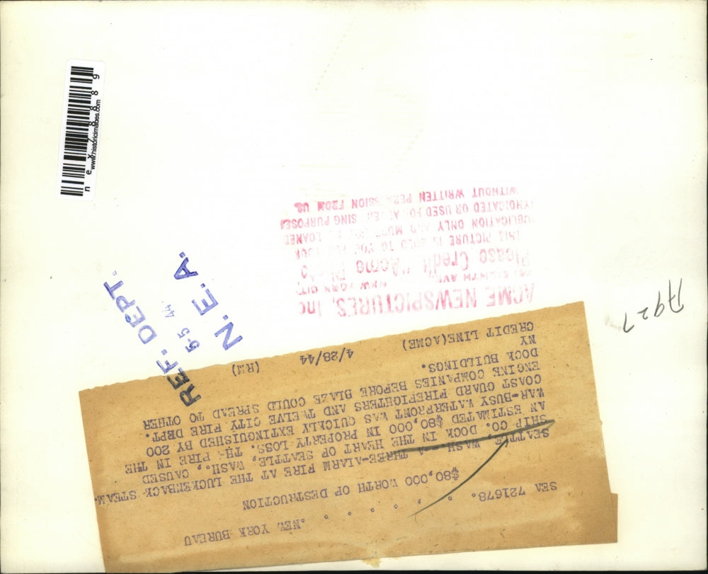 1944 Press Photo Three alarm fire at Luckenback Steamship Company dock