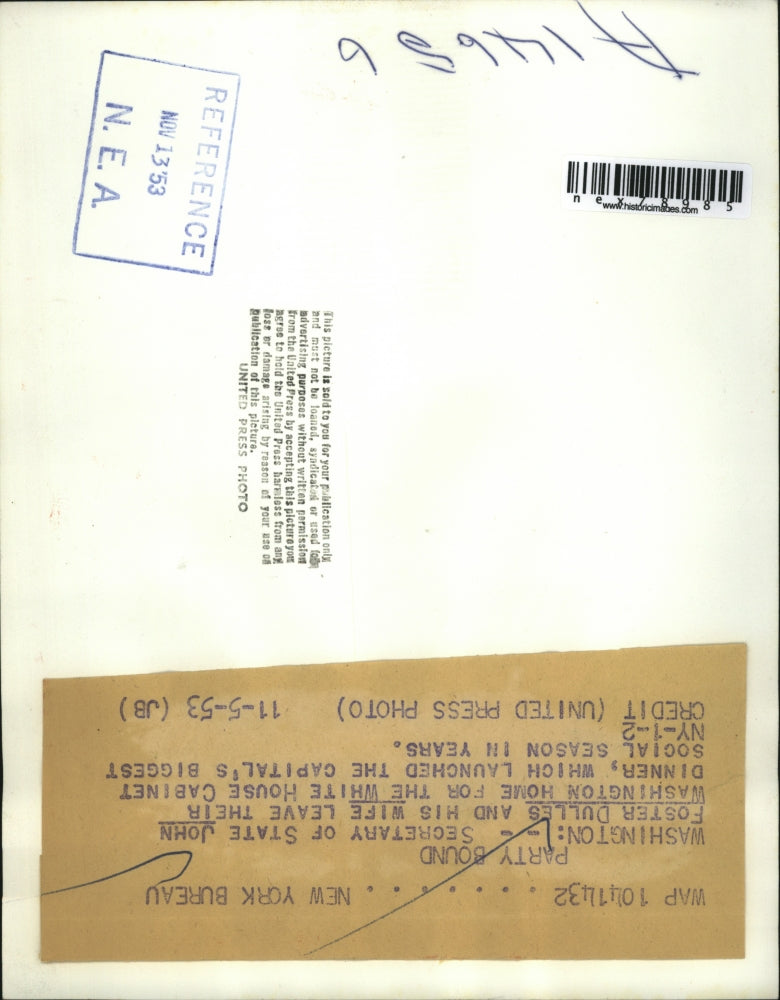 1953 Press Photo Wash DC Sec of State John Foster Dulles & wife for a dinner