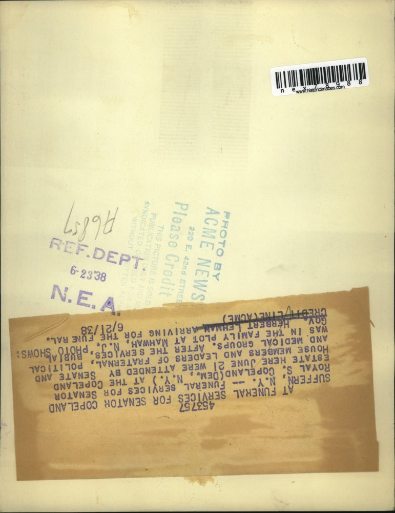 1938 Press Photo Suffern NY Gov Herbert Lehman at funeral of Sen RS Copeland