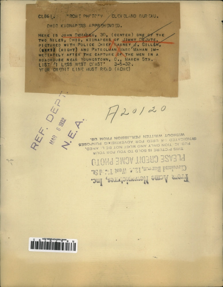 1932 Press Photo John DeMarco Niles Ohio kidnapper of J DeJute