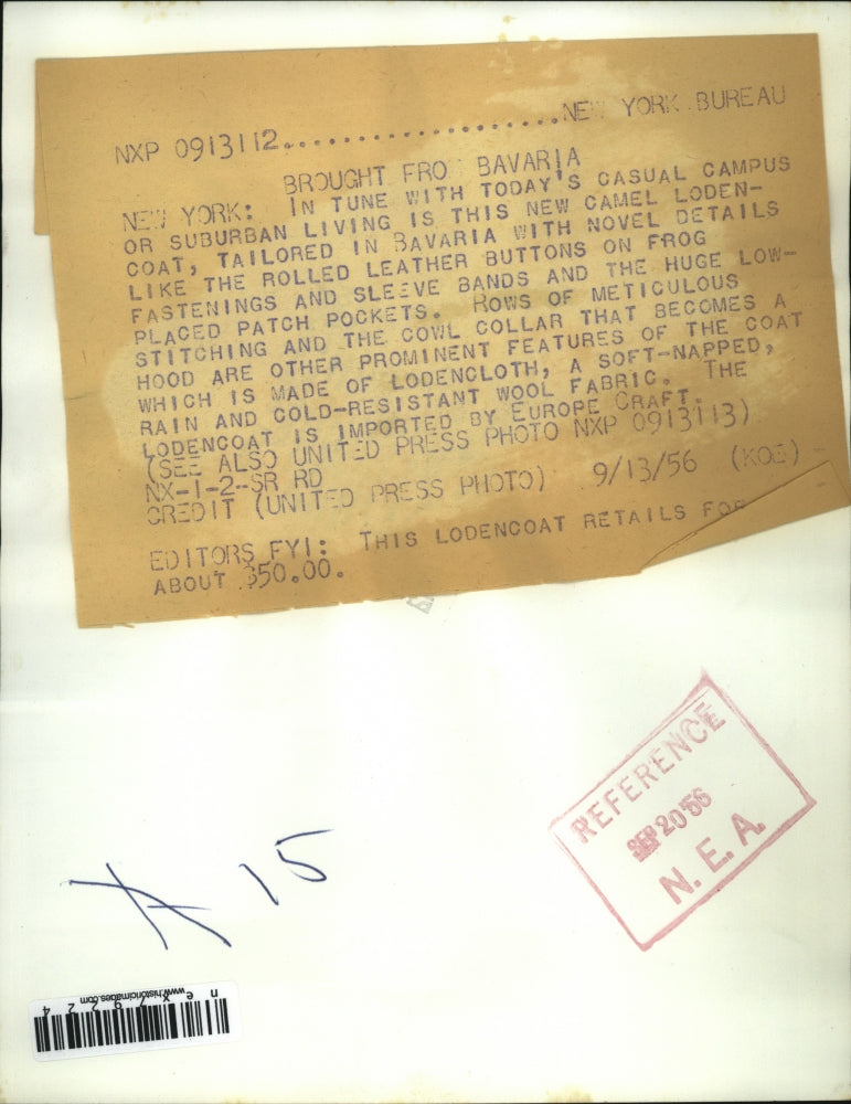 1956 Press Photo NYC Casual campus style caot of Lodencloth by Europe Craft